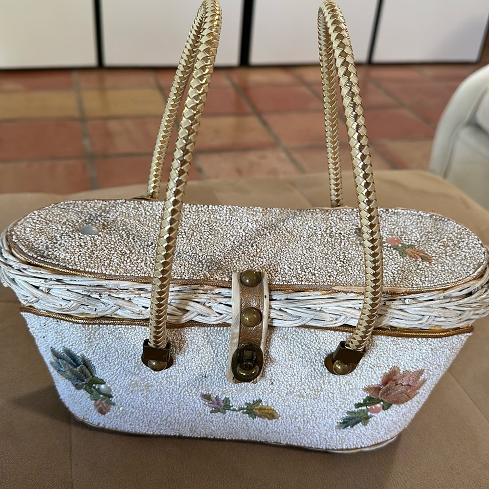 Vintage Midas of Miami White Beaded Wicker Purse